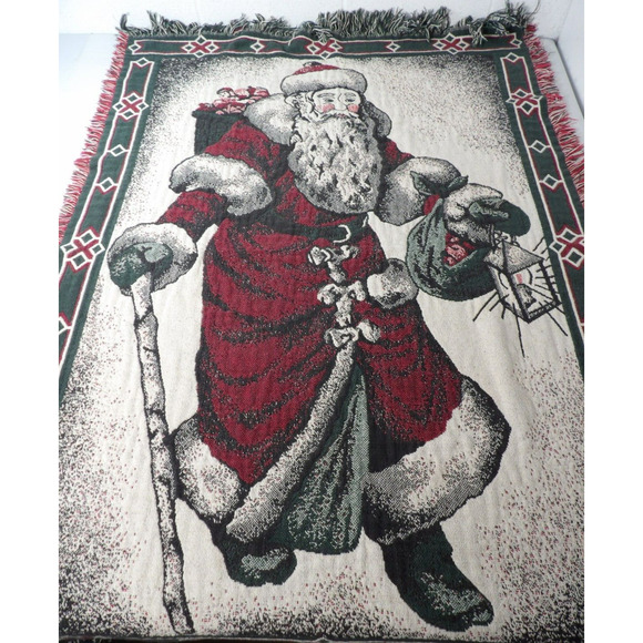 Tapestry Throw Blanket Christmas Santa Claus Red Green Holiday - Picture 2 of 9